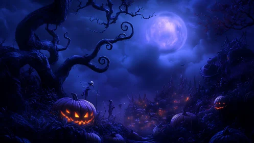 Halloween moonlit landscape with glowing jack o lanterns.