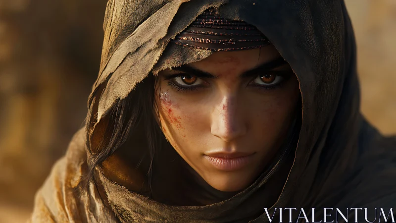 Desert warrior’s intense stare framed by weathered hood.