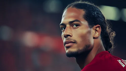 Close-range sidelit footballer portrait in red jersey, stadium