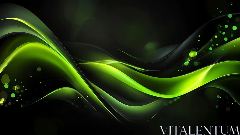 Luminous green wave ribbons over dark abstract field.