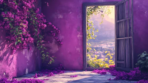 Purple courtyard wall with open rustic door to valley