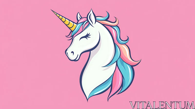 Smiling pastel unicorn head set against solid pink background