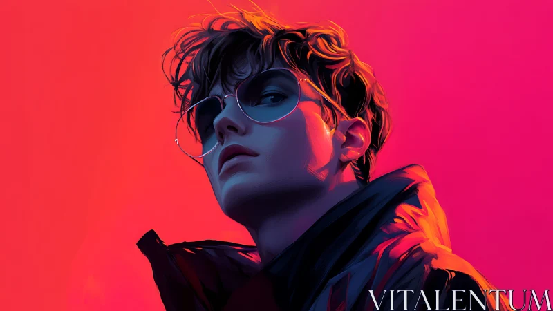 Neon portrait highlights reflective glasses and bold jacket.
