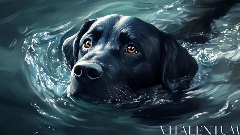 Black retriever-type dog swimming in rippling water surface.
