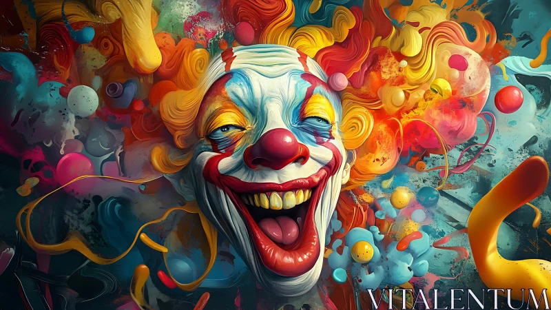 Psychedelic clown portrait erupts in swirling neon chaos.