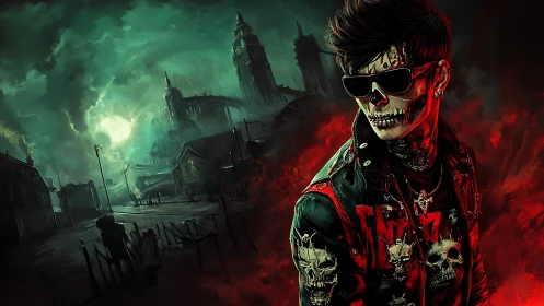 Neon skull punk in toxic green apocalyptic cityscape.