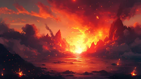 Apocalyptic Sunset Over Fiery Mountain Landscape