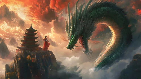 Dragon confronting robed figure above mountain temple.