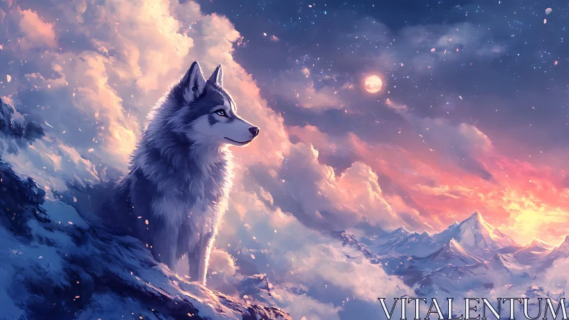 Lone wolf gazes over glowing snow peaks at dreamy twilight
