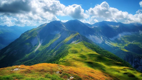 Sunlit alpine ridgeline unfolds beneath drifting clouds.