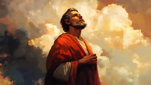 Sky-lit pilgrim wrapped in ember robes of quiet devotion.