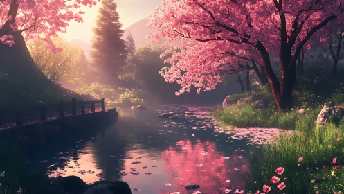 Softly lit riverside cherry grove renders atmospheric bloom