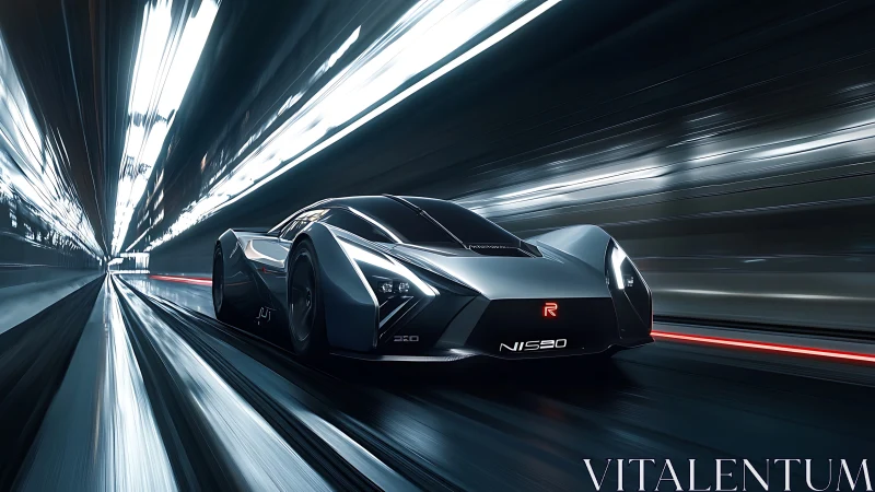 Futuristic hypercar races through illuminated high speed tunnel.