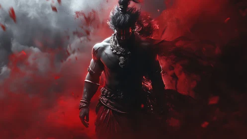 Warrior silhouette emerges through volumetric red smoke field
