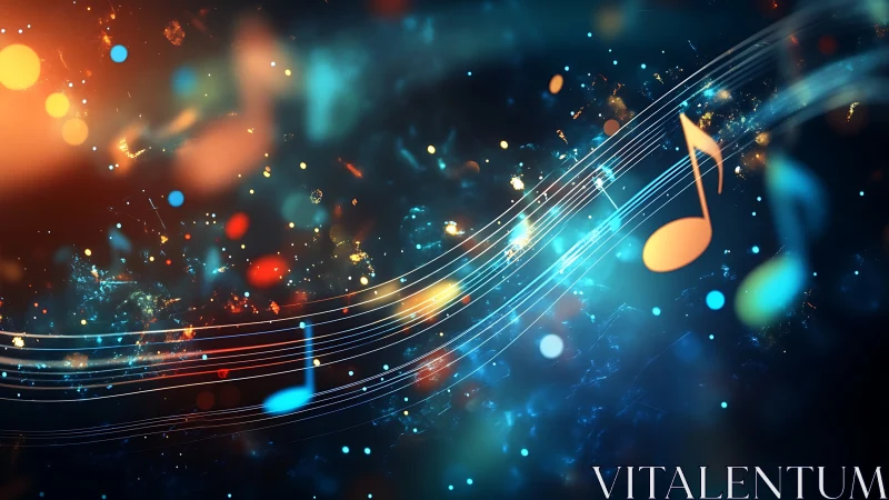 Neon music notes surf shimmering starlit sound waves.