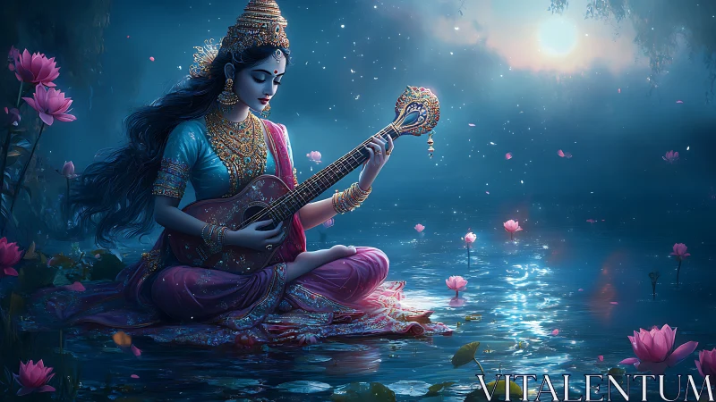 Moonlit goddess with veena by lotus pond in mystical haze