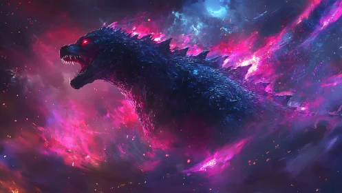 Cosmic kaiju roars through neon storm in deep space