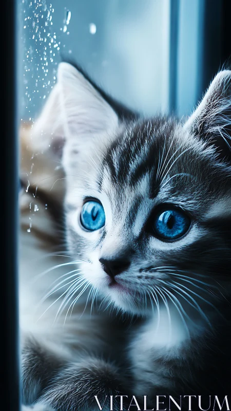 Sapphire Gaze: Where Azure Eyes Meet Rainy Window Reflections.