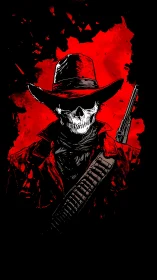 Skeletal gunslinger portrait with red splatter backdrop.