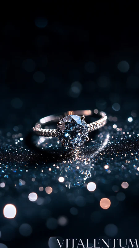 Sparkling diamond ring glowing softly in midnight shimmer.