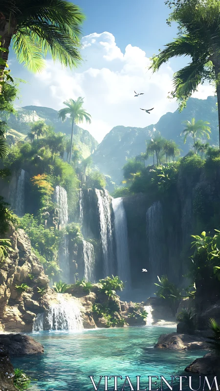 Sunlit tropical waterfalls cascade into crystal lagoon.