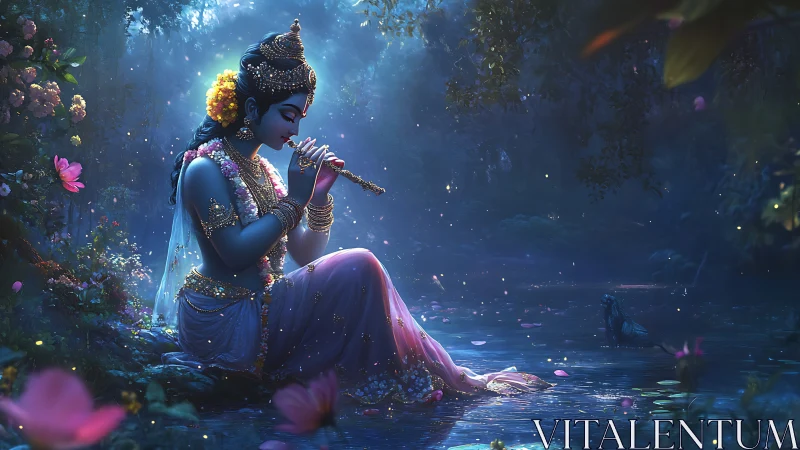 Divine blue figure plays flute by a moonlit forest stream.