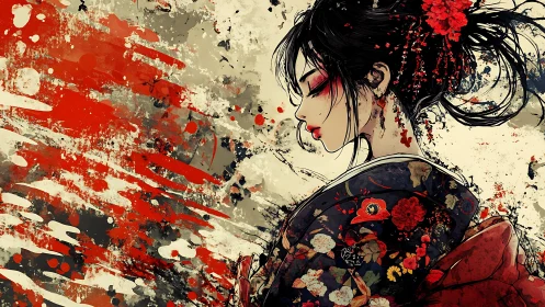Geisha profile amid abstract crimson ink splatter field.