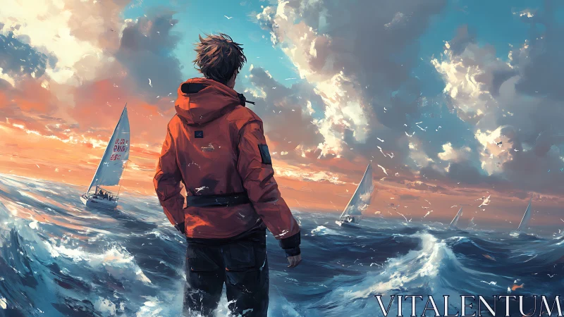 Solitary sailor studies regatta under storm-tinted sunset sky