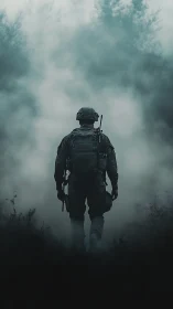 Lone soldier walking through misty forest in quiet resolve.
