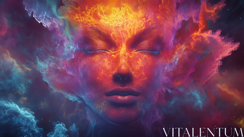 Nebula dream visage dissolving into cosmic firestorm.