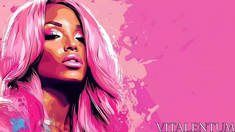 Pink siren in neon splashes, gazing with glossy defiance.