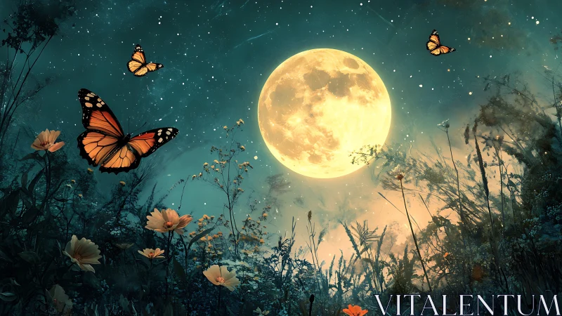 Monarch butterflies circle full moon above illuminated meadow