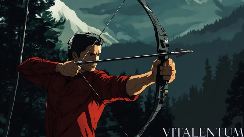 Mountain archer drawing compound bow in cinematic dusk light.