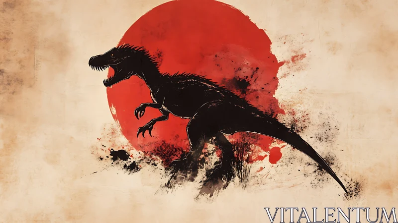 Roaring raptor silhouette before blood-red sun burst.