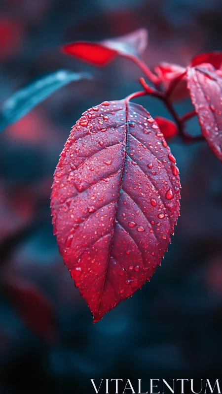 Crimson leaf macro with dew drops in teal bokeh field.