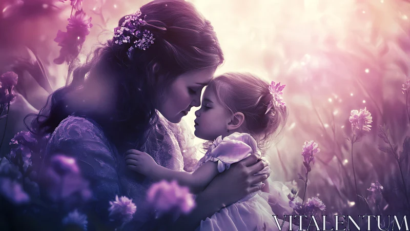 Mother and daughter embrace in ethereal purple flower garden.