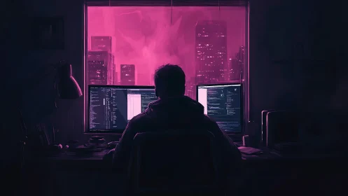 Midnight coder bends neon code beneath a magenta skyline.