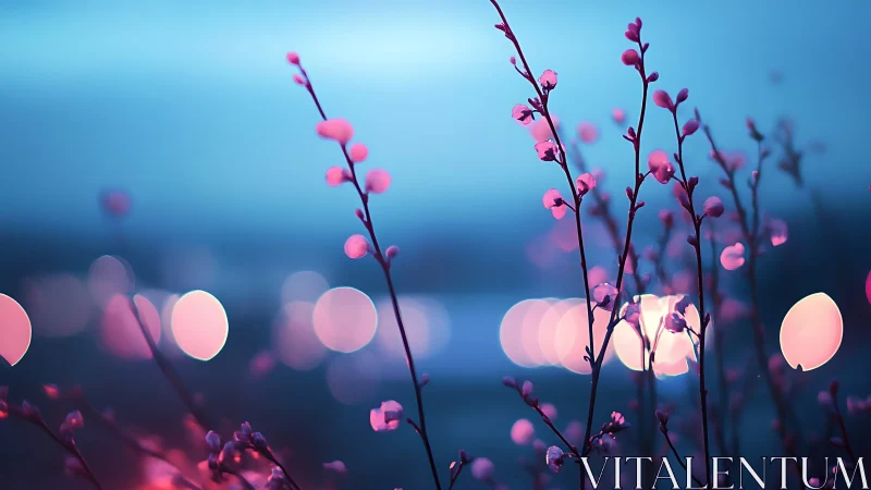 Twilight macro bokeh on pink blossom twigs against cyan sky
