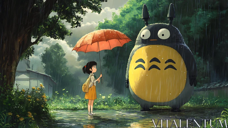 Rain-soaked forest encounter unites child and creature under umbrella