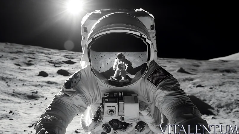 Photorealistic lunar astronaut portrait with visor reflection focus.