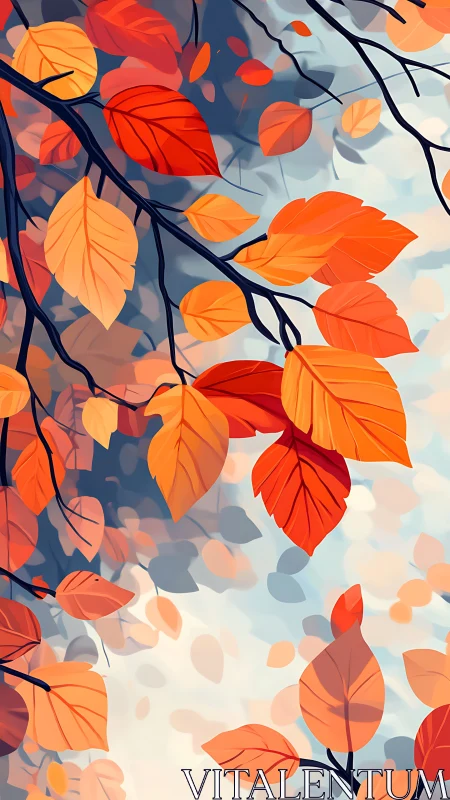 Autumn branches paint the sky in drifting ember leaves.