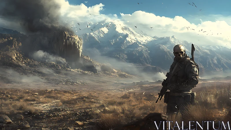 Masked soldier surveys smoking mountain battlefield at dawn