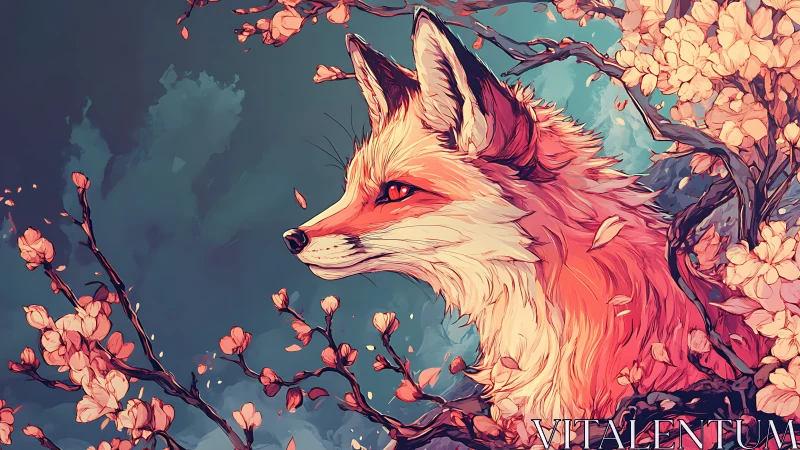 Gentle fox among spring blossoms in a dreamy evening glow.