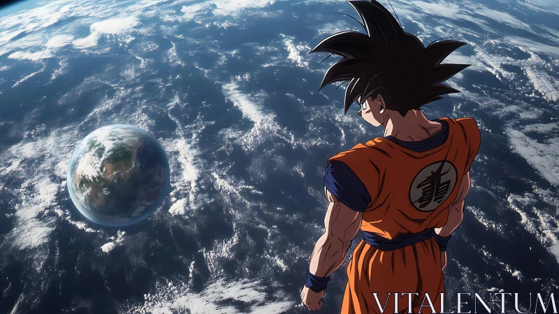 Anime warrior gazes over Earth from the silence of space