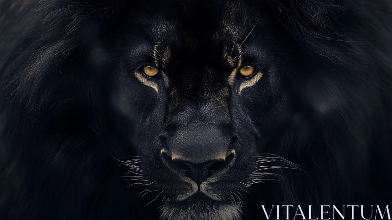 Photorealistic low‑key portrait of a black‑maned lion face.