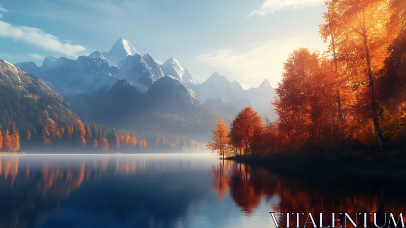 Autumnal lakeshore with misted alpine range and mirror reflections