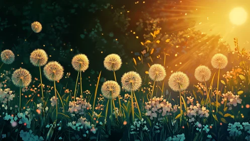 Dandelion seed heads in backlit meadow under low sun.