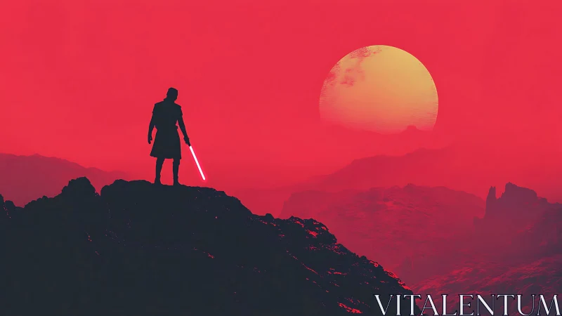 Silhouetted figure with energy blade on red alien terrain.