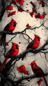 Crimson cardinals hold quiet council on winter-twisted boughs