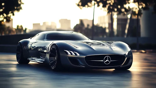 Sleek silver Mercedes concept car on sunlit city street.